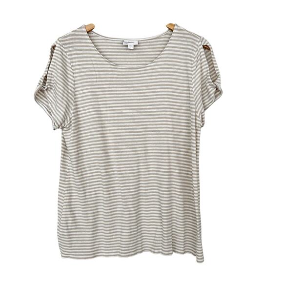 J. Jill Tan White Striped Linen Blend Cold Shoulder T Shirt Sz L - Picture 1 of 4